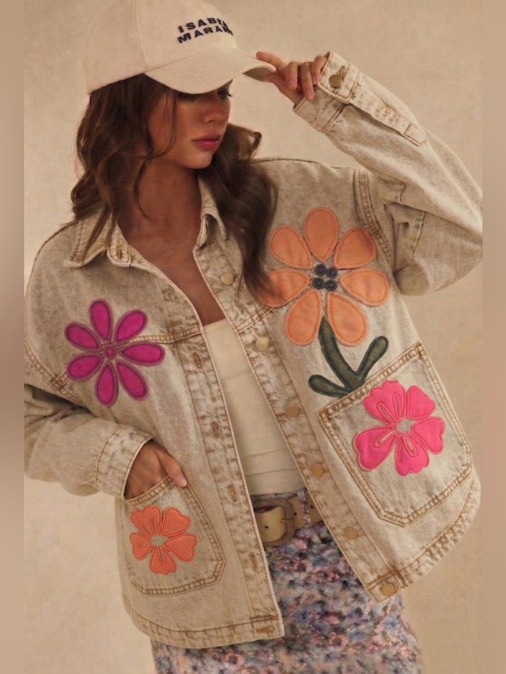 378 LOVLOV VINTAGE WASHED FLORAL DENIM JACKET WITH SQUARE POCKET